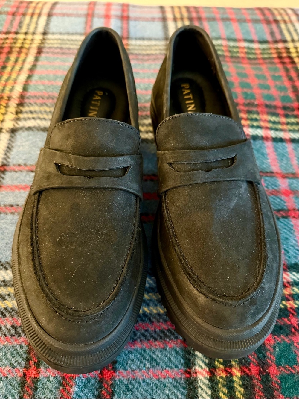 Size 8.5 Patina Black Suede Zoe Chunky Leather Lug Sole Loafers